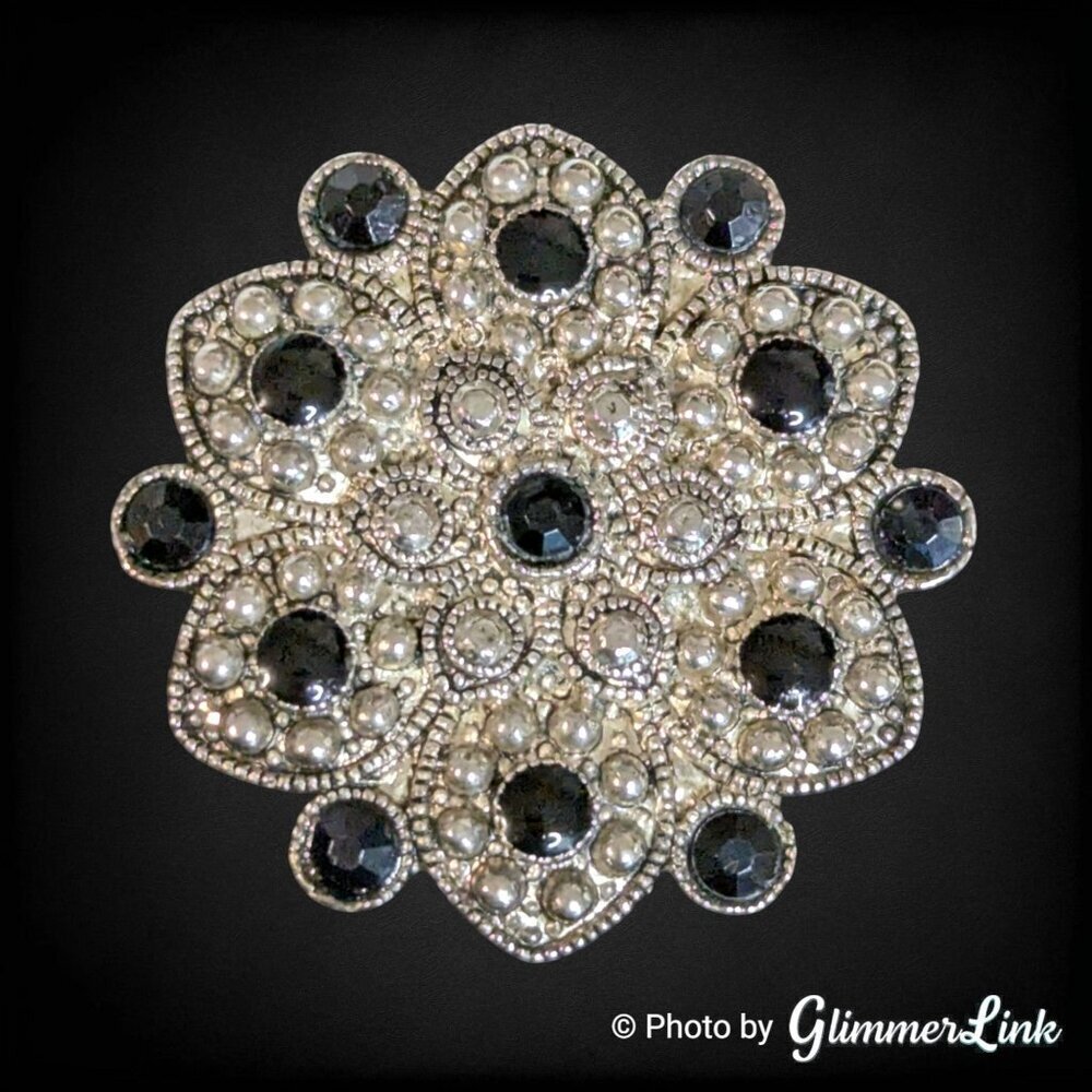 Vintage Black Rhinestones Silver Tone Floral Brooch